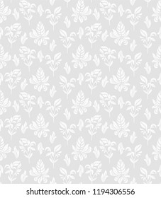 Seamless grey background with white leaves. Vector retro illustration. Ideal for printing on fabric or paper for wallpapers, textile, wrapping. 