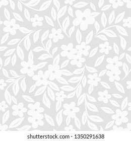 Seamless grey background with white leaves and flowers. Vector retro illustration. Ideal for printing on fabric or paper for wallpapers, textile, wrapping. 
