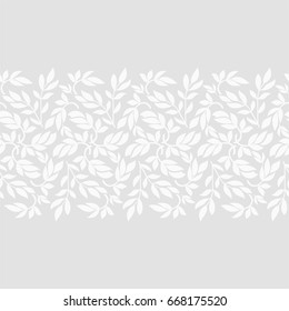 Seamless grey background with white leaves, design for packaging in trendy linear style. Ideal for printing on fabric or paper. Vector illustration. 