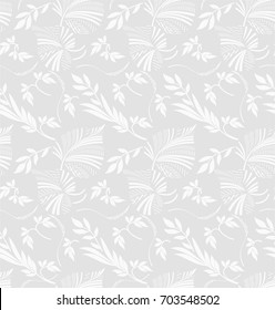 Seamless grey background with white leaves, design for packaging in trendy linear style. Ideal for printing on fabric or paper. Vector illustration. 