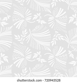 Seamless grey background with white leaves, design for packaging in trendy linear style. Ideal for printing on fabric or paper. Vector illustration. 