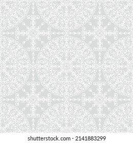 Seamless grey background with white mandala ornament in the east style. Ideal for printing on fabric or paper for textile, wrapping. Vector illustration.