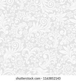 Seamless grey background with white pattern in baroque style. Vector retro illustration. Ideal for printing on fabric or paper for wallpapers, textile, wrapping. 