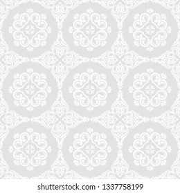 Seamless grey background with white pattern in baroque style. Vector retro illustration. Ideal for printing on fabric or paper for wallpapers, textile, wrapping. 