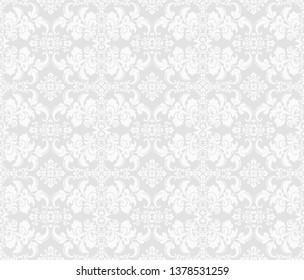 Seamless grey background with white pattern in baroque style. Vector retro illustration. Ideal for printing on fabric or paper for wallpapers, textile, wrapping. 