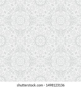 Seamless grey background with white pattern in baroque style. Vector retro illustration. Islam, Arabic, Indian, ottoman motifs. Perfect for printing on fabric or paper.