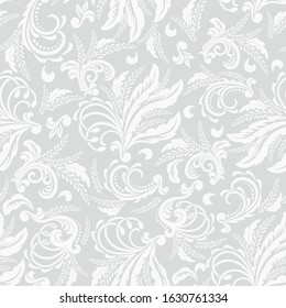 Seamless grey background with white pattern in baroque style. Vector retro illustration. Ideal for printing on fabric or paper for wallpapers, textile, wrapping. 