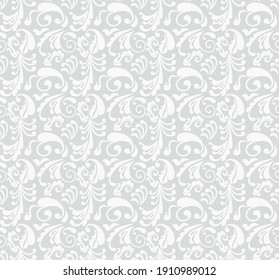 Seamless grey background with white pattern in baroque style. Vector retro illustration. Ideal for printing on fabric or paper for wallpapers, textile, wrapping. 
