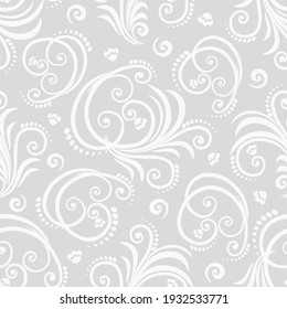 Nahtloser grauer Hintergrund mit weißem Muster im Barockstil. Vektorretro-Illustration. Ideal für den Druck auf Stoff oder Papier für Tapeten, Textilien, Umhüllung. 
