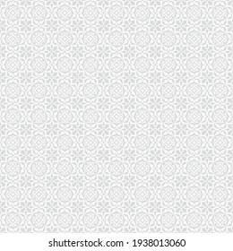 Seamless grey background with white pattern in baroque style. Vector retro illustration. Islam, Arabic, Indian, ottoman motifs. Perfect for printing on fabric or paper.