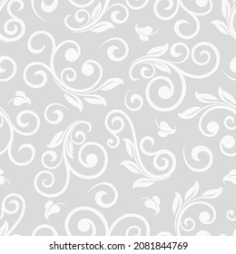 Seamless grey background with white pattern in baroque style. Vector retro illustration. Ideal for printing on fabric or paper for wallpapers, textile, wrapping. 