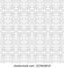 Seamless grey background with white pattern in baroque style. Vector retro illustration. Ideal for printing on fabric or paper for wallpapers, textile, wrapping. 