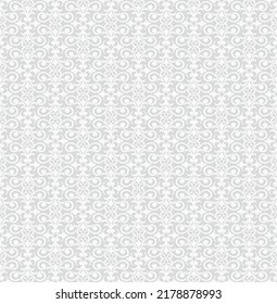 Seamless grey background with white pattern in baroque style. Vector retro illustration. Ideal for printing on fabric or paper for wallpapers, textile, wrapping. 