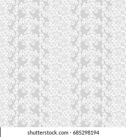 Seamless grey background with white pattern in baroque style. Vector retro illustration. Ideal for printing on fabric or paper.