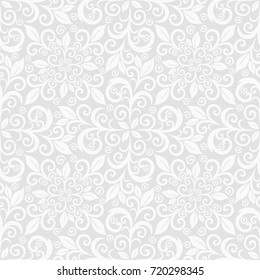 Seamless grey background with white pattern in baroque style. Vector retro illustration. Ideal for printing on fabric or paper.
