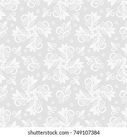 Seamless grey background with white pattern in baroque style. Vector retro illustration. Ideal for printing on fabric or paper.