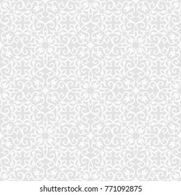 Seamless grey background with white pattern in baroque style. Vector retro illustration. Islam, Arabic, Indian, ottoman motifs. Perfect for printing on fabric or paper. 