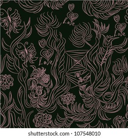 Seamless grey and black floral vector pattern.