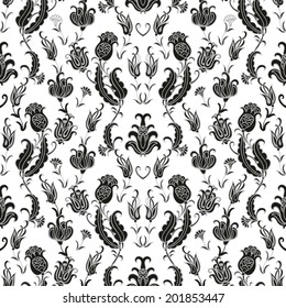 Seamless grey - black vector  floral pattern on white background, turkish style