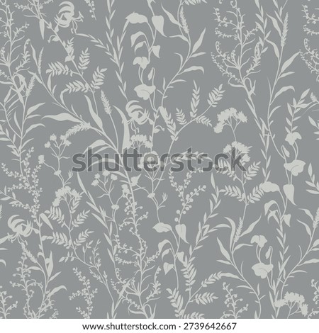 Seamless grey botanical pattern with silhouettes of herbs and flowers in vector