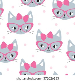 seamless grey cat with pink pattern vector illustration