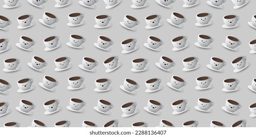Seamless Grey Coffee Cup Icons Pattern with Smiling Faces on All of Them - Wide Scale Light Gray Background - Design Template in Editable Vector Format