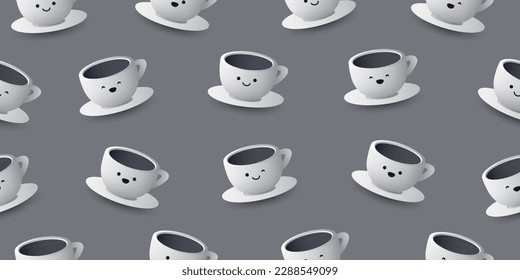 Seamless Grey Coffee Cup Icons Pattern with Smiling Faces on All of Them on Wide Scale Gray Background - Design Template in Editable Vector Format