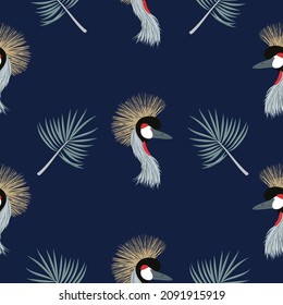 Seamless grey crowned crane bird pattern.
