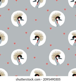 Seamless Grey crowned crane bird pattern. Vector polka dot background