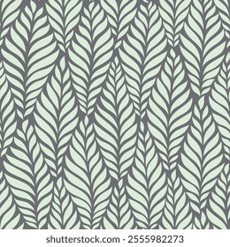 Seamless grey floral background with mentol green leaves. Hand drawn minimal abstract organic shapes pattern. Delicate vector grey abstact pattern with mentol green leaves. Monochrome.