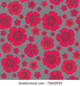 seamless grey floral background with red flowers
