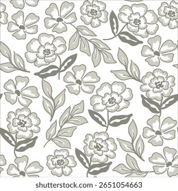seamless grey floral pattern on white background, spring floral bouquets. Vintage botanical illustration. Elegant decoration for any kind of a design.