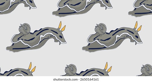 Padrão de Nudibranchs cinza sem emenda no fundo cinza. Ilustração vetorial. Animais marinhos, vida selvagem subaquática. Design de roupas infantis. Bebê educar