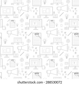 Seamless grey pattern background with icons in lines style for design and computer work 
