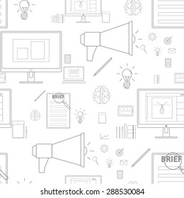 Seamless grey pattern background with icons in lines style for design and computer work