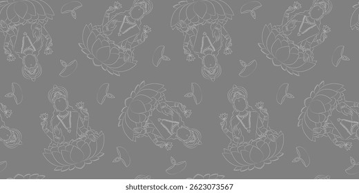 seamless grey pattern of lakshmi goddess with lotus, fruits and diya lamps – diwali festival vector background indian celebration, textile and wrapping design