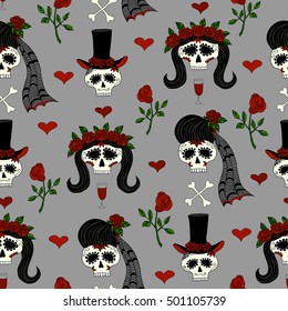 seamless grey pattern with painted skulls and lettering for day of the dead