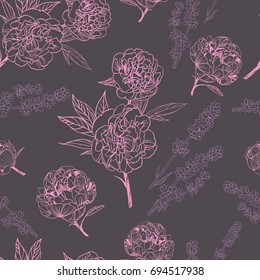 Seamless grey pattern with peony flowers 