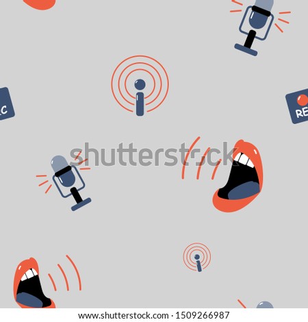 Seamless grey pattern with podcast symbols. Speaking mouth, microphone, podcast, record. Flat style. - Vector