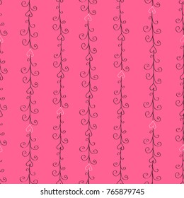 Seamless grey and pink stripe pattern with hand drawn swirls and hearts for girls