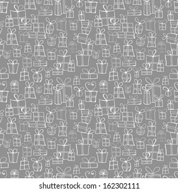 Seamless grey texture with gift boxes. Can be used for wallpaper, pattern fills, textile, web page background, surface textures. Vector illustration 