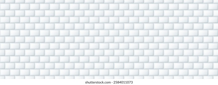 Seamless grey tile pattern. Rectangle ceramic tiled texture for bathroom wall, kitchen floor, pool surface. Repeating light mosaic grid background. Repeated white brick backdrop. Vector wallpaper