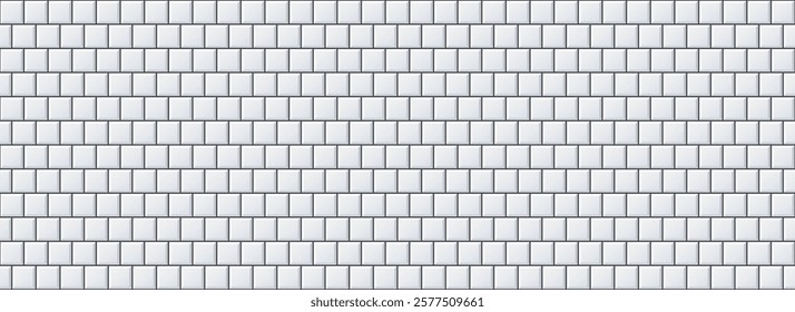 Seamless grey tile pattern. Square ceramic tiled texture for bathroom wall, kitchen floor, pool surface. Repeating gray mosaic grid background. Repeated light brick backdrop. Vector wallpaper