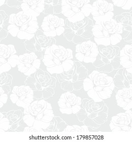 Seamless grey and white floral vector pattern with classic white roses on grey background. Beautiful abstract vintage texture with flowers and cute background for web design or desktop wallpaper.