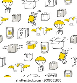 Icono de patrón de entrega de color gris y amarillo sin brillo en un fondo blanco en estilo doodle. Gratuito, seguro, internacional, entrega de productos grandes y pequeños. Artículos postales. Antecedentes vectores para empresas.