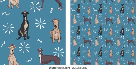 Seamless Greyhound dog pattern, holiday texture. Square format, t-shirt, poster, packaging, textile, socks, textile, fabric, decoration, wrapping paper. Trendy hand-drawn dogs wallpaper.