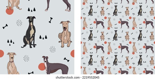 Seamless Greyhound dog pattern, holiday texture. Square format, t-shirt, poster, packaging, textile, socks, textile, fabric, decoration, wrapping paper. Trendy hand-drawn dogs wallpaper.