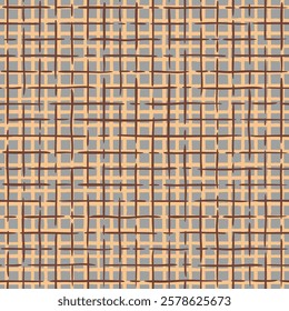 Seamless grid background, abstract pattern of brown line on grey background. Vector hand-drawn brown colored linen texture, seamless pattern