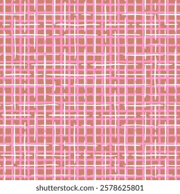 Seamless grid background, abstract pattern of pink and white line on brown background. Vector hand-drawn pink colored linen texture, seamless pattern