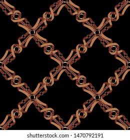 Seamless grid  brown leather belts with gold buckle, for fabric design. Abstract fashion pattern illustration on black background. Design Idea for material, scarf, fabric, textile, wallpaper .
